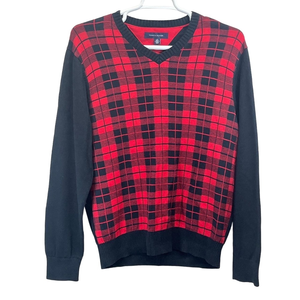 Vintage Tommy Hilfiger Men's Black Red Plaid Cotton V-Neck‎ Sweater Large